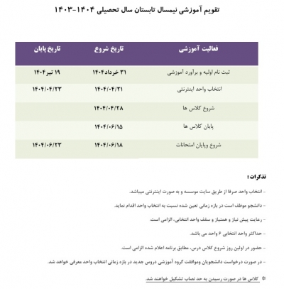 تقویم آموزشی ترم تابستانی 1404
